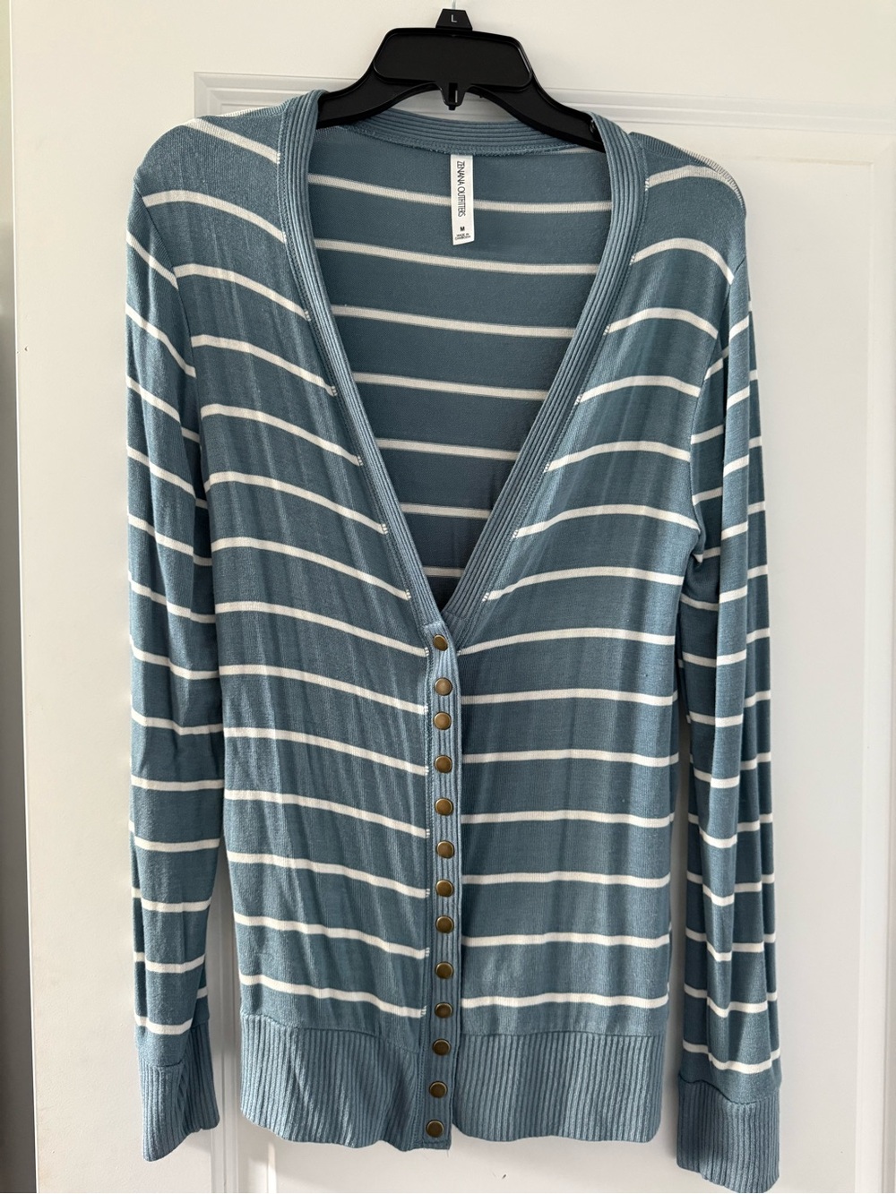 Zenana Outfitters Blue and White Striped Button-Front Cardigan